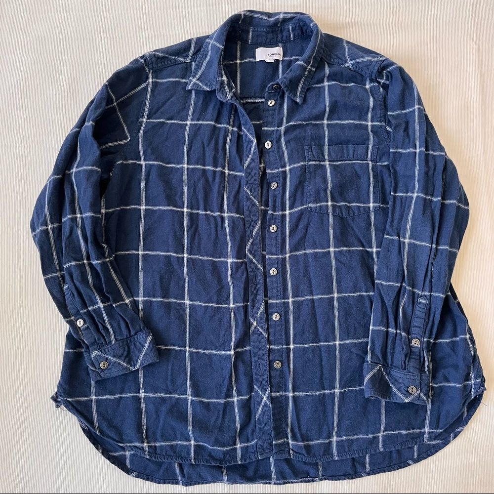 Sonoma Womens Top Plaid Shirt Casual Navy Cotton Rayon Boho Fashion XLarge XL